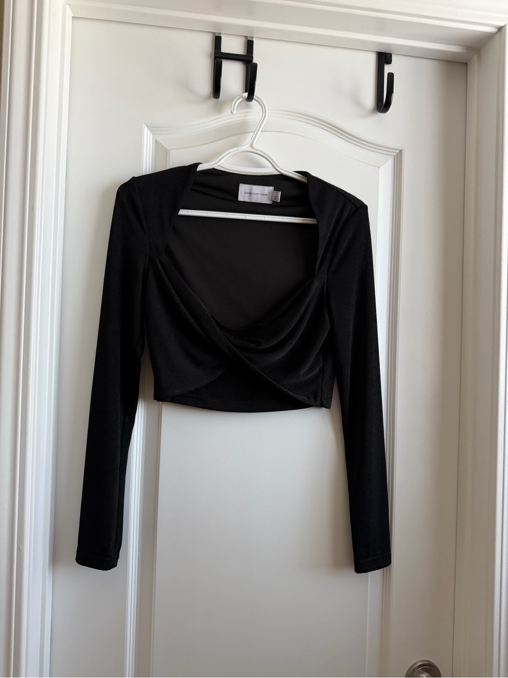 Black Long-Sleeve Cropped Twist-Front Top